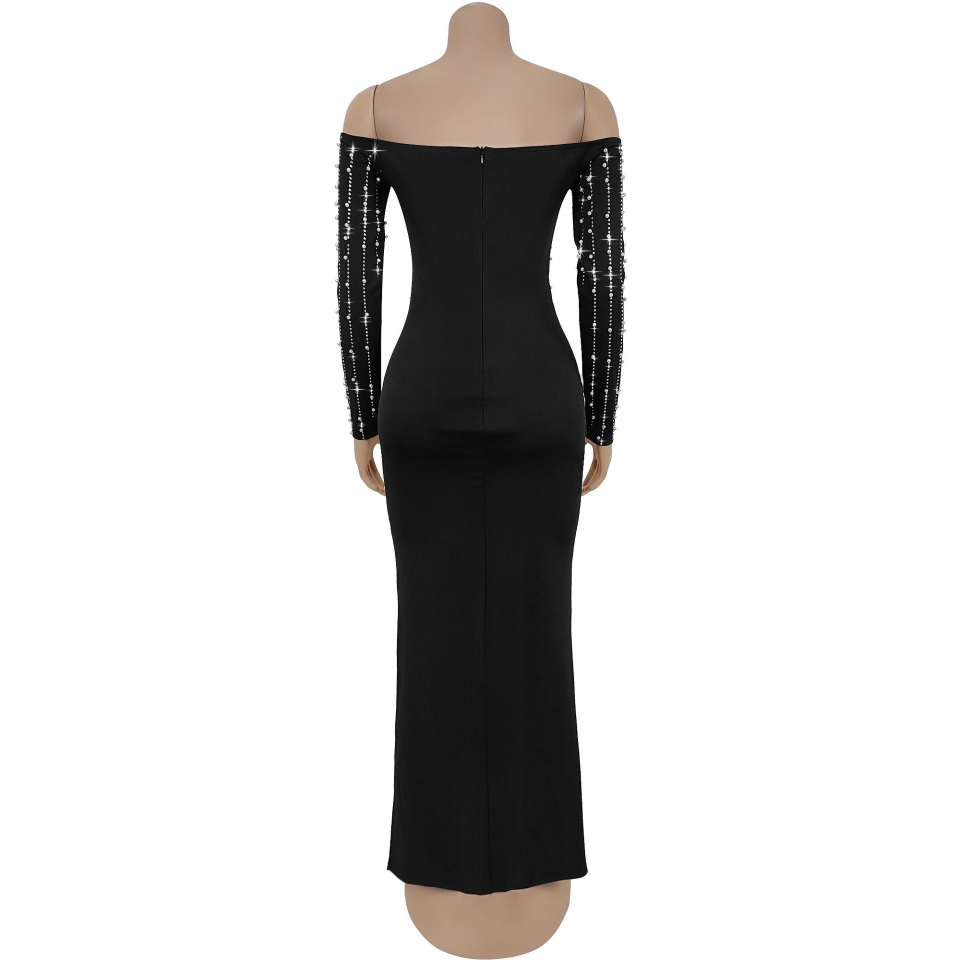 Fashion Women's Elegant Long-Sleeve Off Shoulder Rhinestone Bodycon Dress
