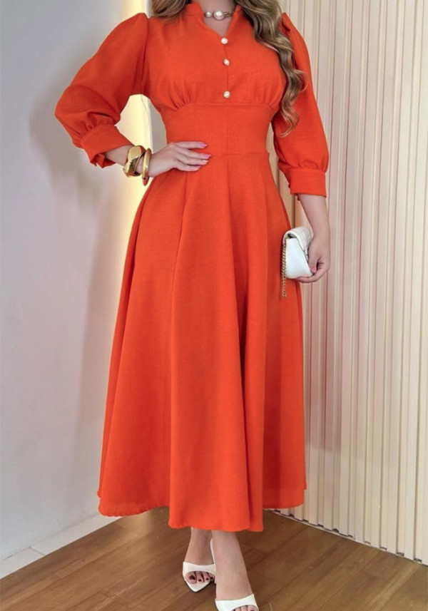 Solid Color Long-Sleeve V-Neck Button Slim Waist A-Line Dress