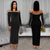 Fashion Women's Elegant Long-Sleeve Off Shoulder Rhinestone Bodycon Dress