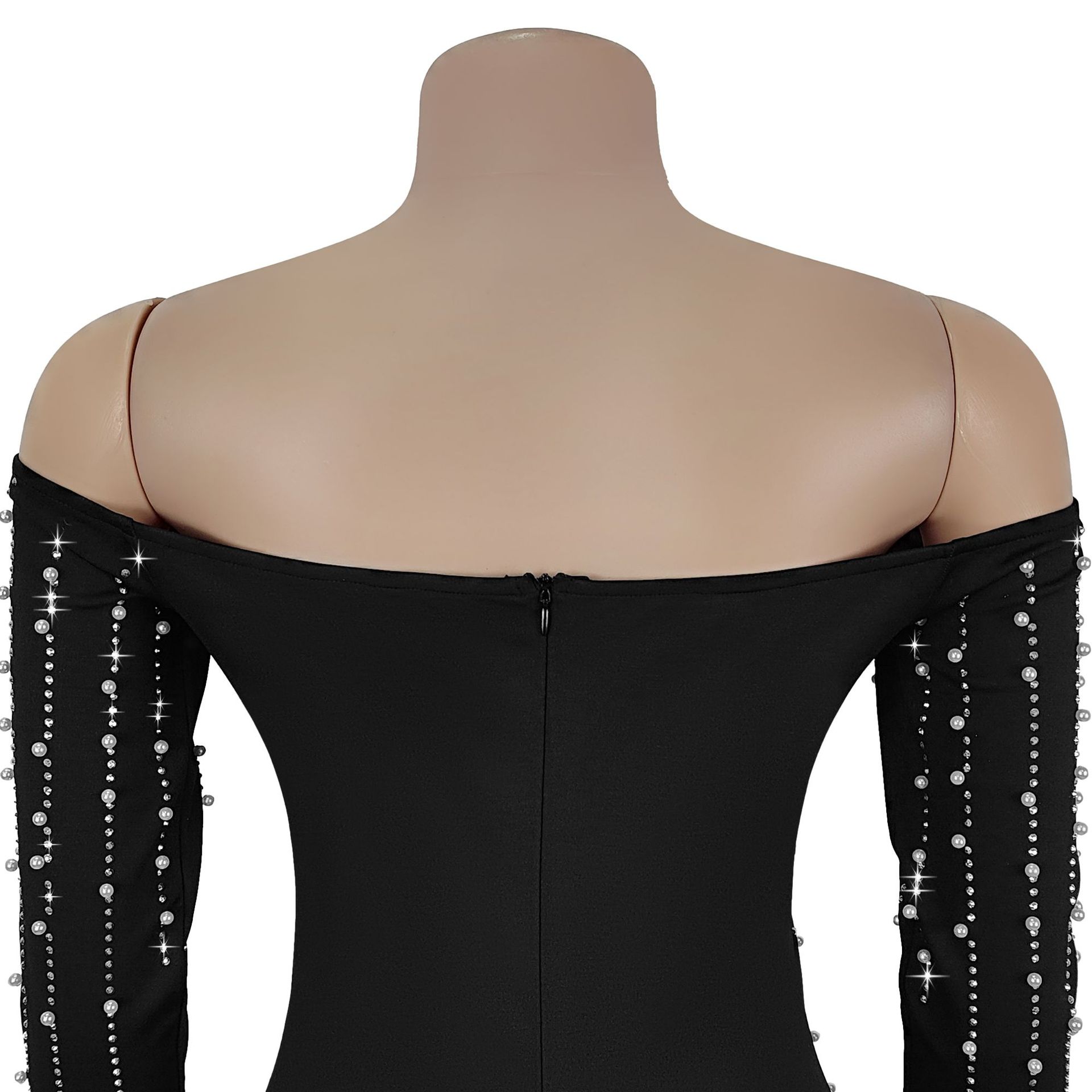 Fashion Women's Elegant Long-Sleeve Off Shoulder Rhinestone Bodycon Dress