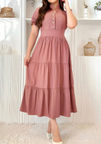 Women's Casual Short-Sleeve V-Neck Slim Waist Button A-Line Dress