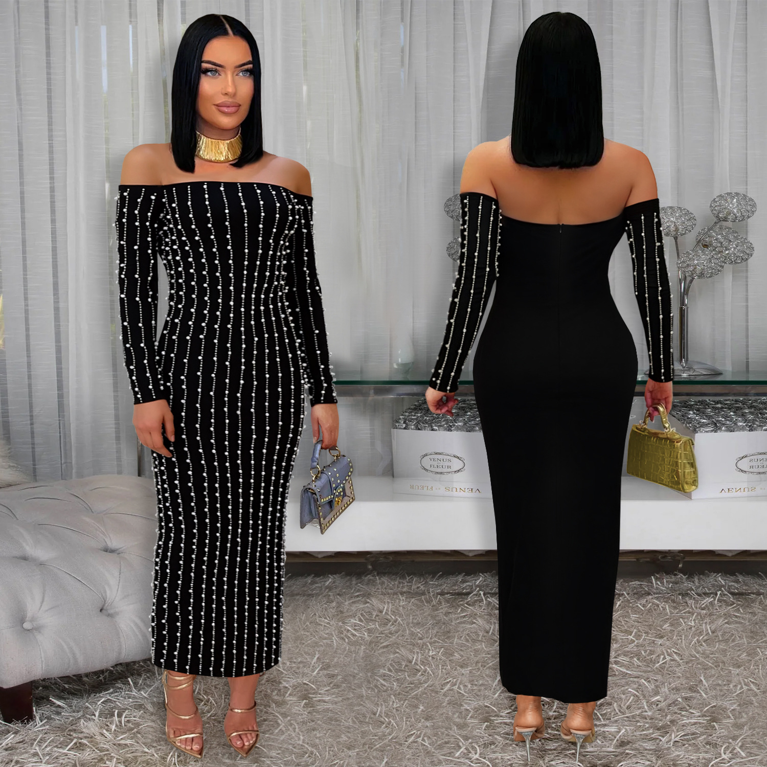 Fashion Women's Elegant Long-Sleeve Off Shoulder Rhinestone Bodycon Dress