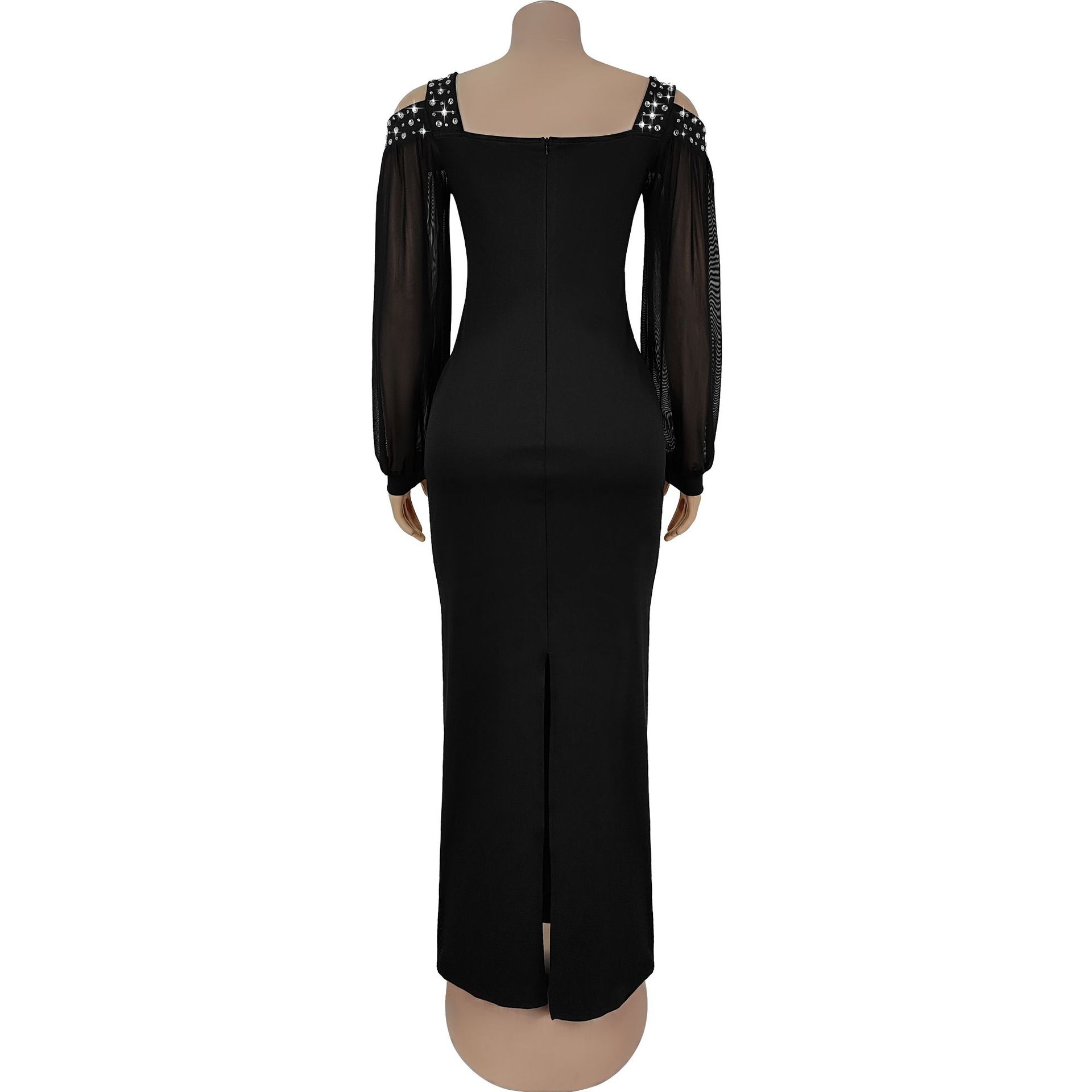 Fashion Women's Elegant Rhinestone Square Neck Mesh Slim Long Dress