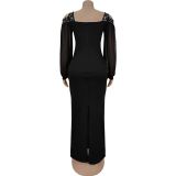 Fashion Women's Elegant Rhinestone Square Neck Mesh Slim Long Dress