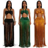 Women's Fashion Sexy Strap Top & Fringe Long Skirt Two-Piece Set
