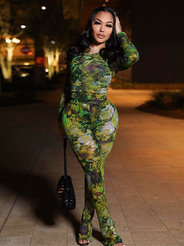 Printed Color-Block Casual Mesh Pants Set Slim Fit Top & Trousers