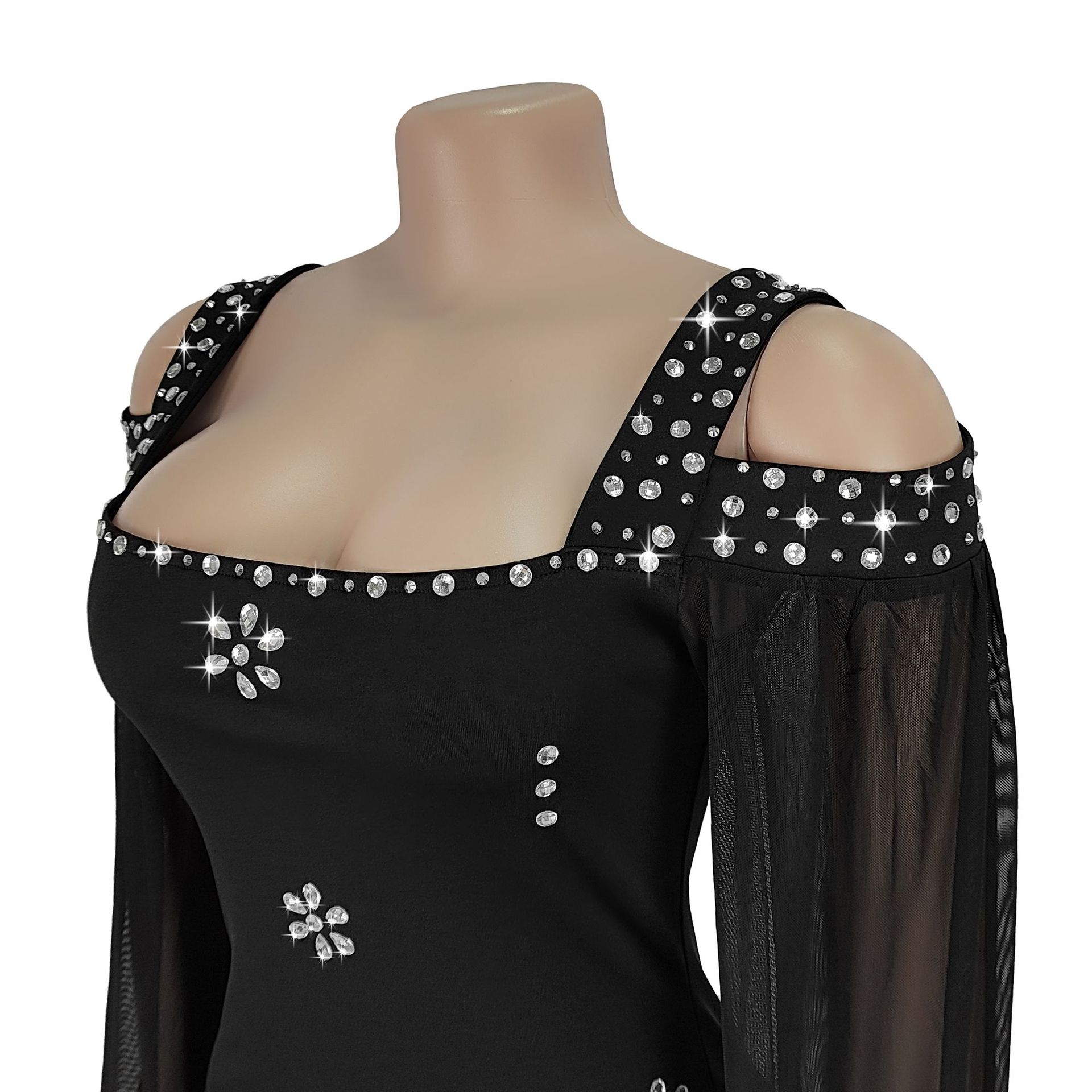 Fashion Women's Elegant Rhinestone Square Neck Mesh Slim Long Dress