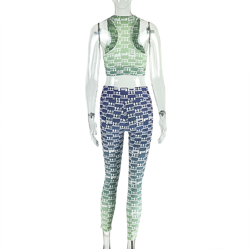 Women's Sporty Hollow-Out Printed Slim-Fit Pants Set Tank Top & Leggings