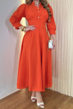 Solid Color Long-Sleeve V-Neck Button  Slim Waist A-Line Dress