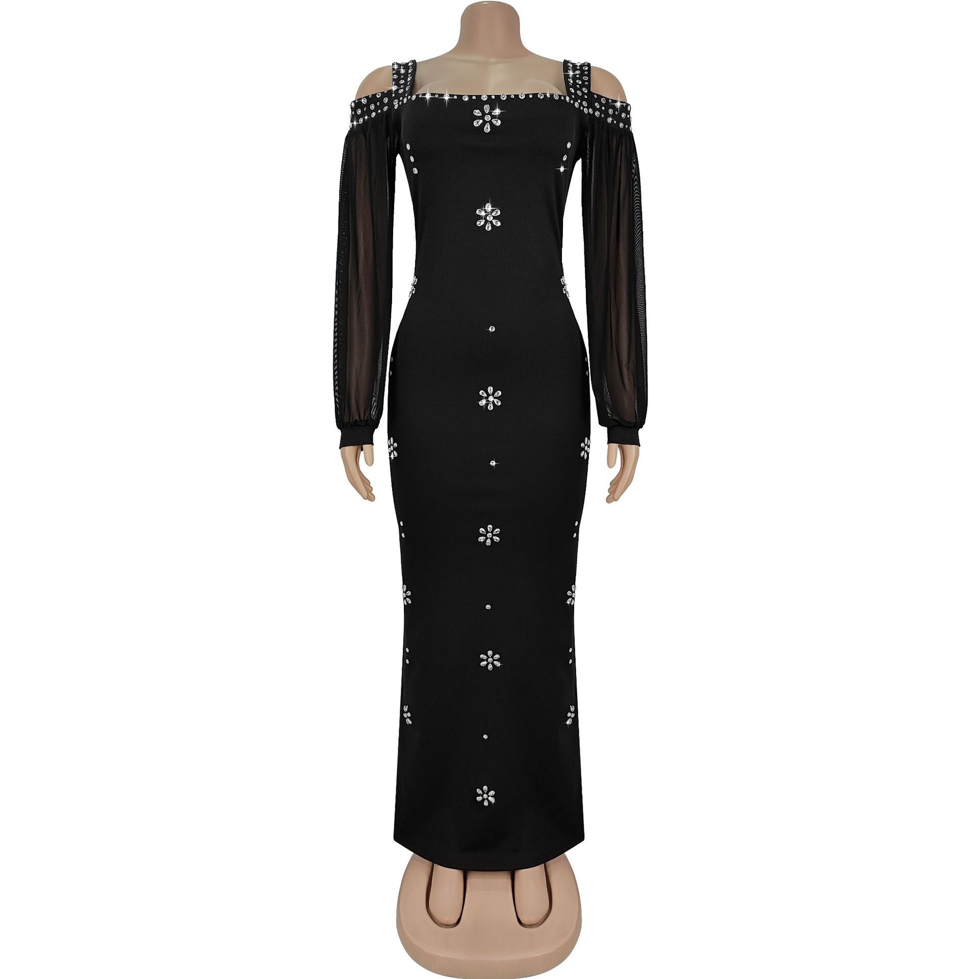 Fashion Women's Elegant Rhinestone Square Neck Mesh Slim Long Dress