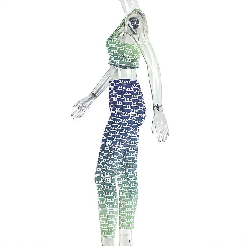 Women's Sporty Hollow-Out Printed Slim-Fit Pants Set Tank Top & Leggings