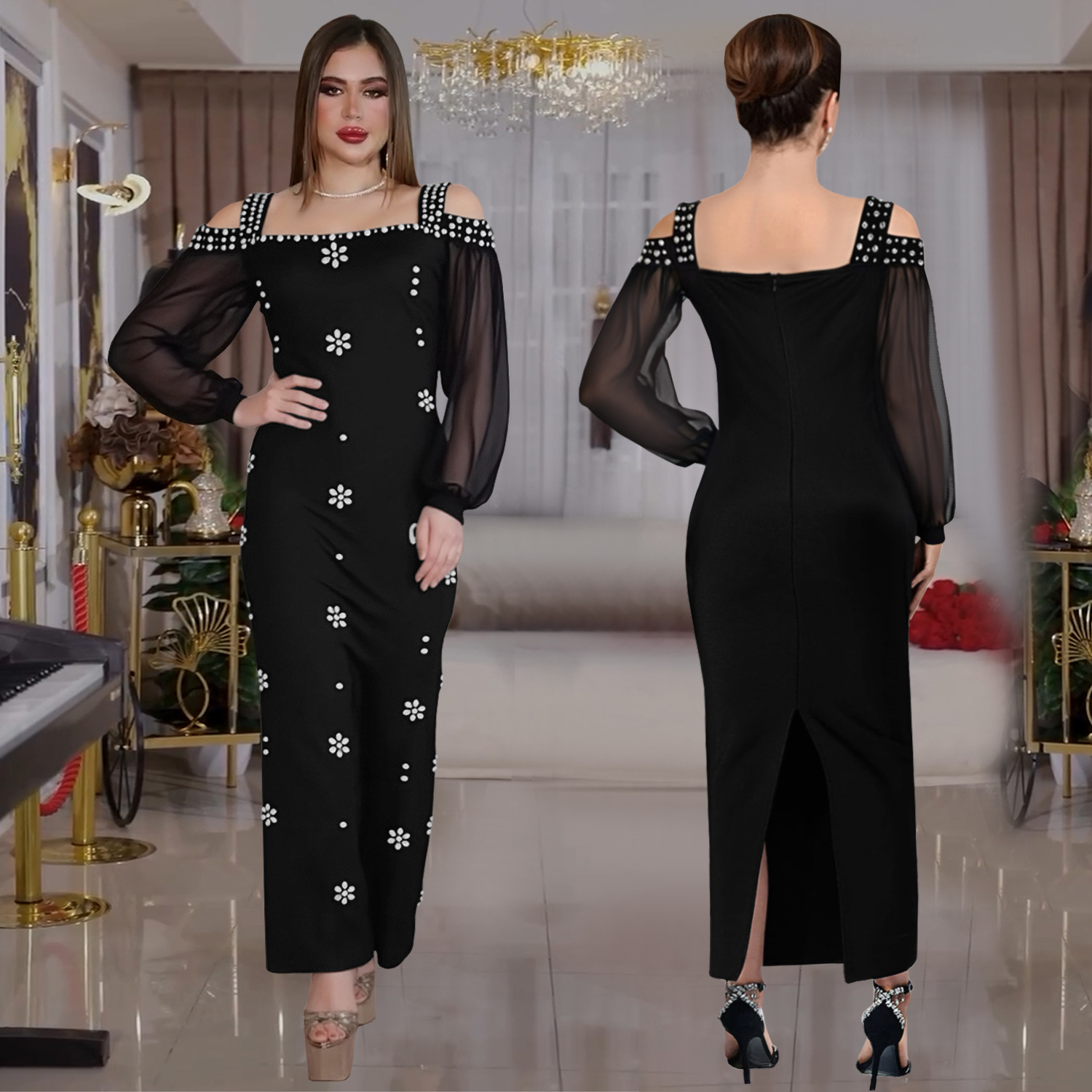 Fashion Women's Elegant Rhinestone Square Neck Mesh Slim Long Dress