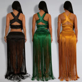 Women's Fashion Sexy Strap Top & Fringe Long Skirt Two-Piece Set