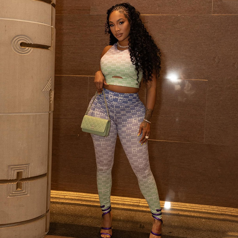 Women's Sporty Hollow-Out Printed Slim-Fit Pants Set Tank Top & Leggings