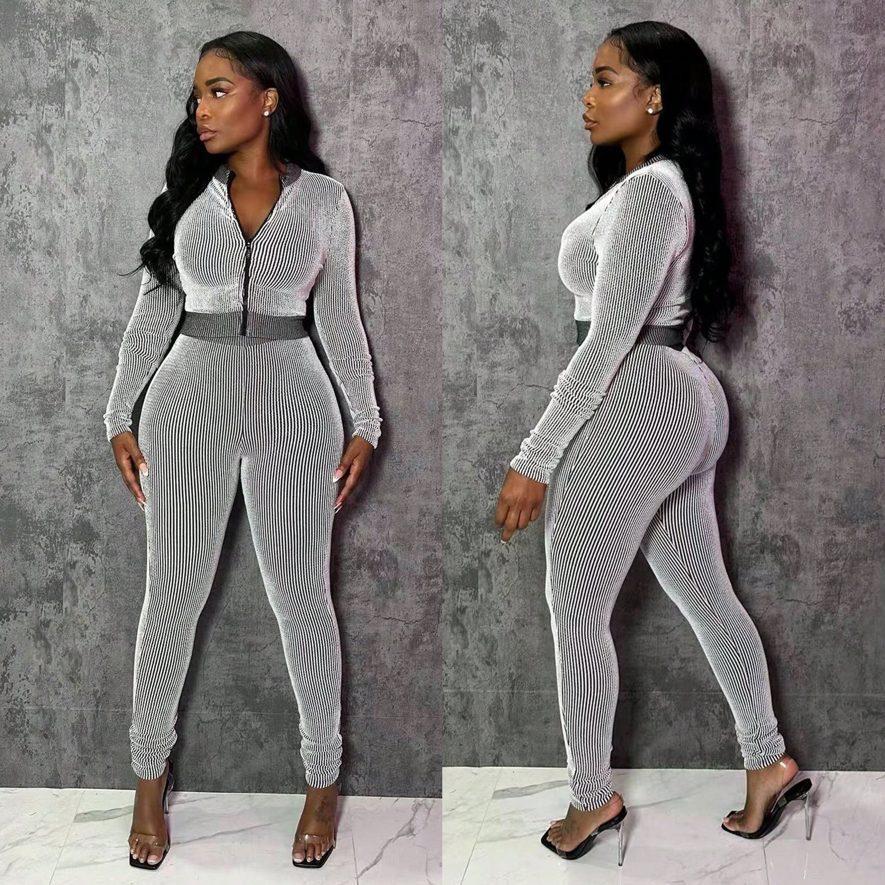 Fashion Casual Sportswear Set Women's Long-Sleeve Zip-Up Slim Fit Two-Piece Pants Set