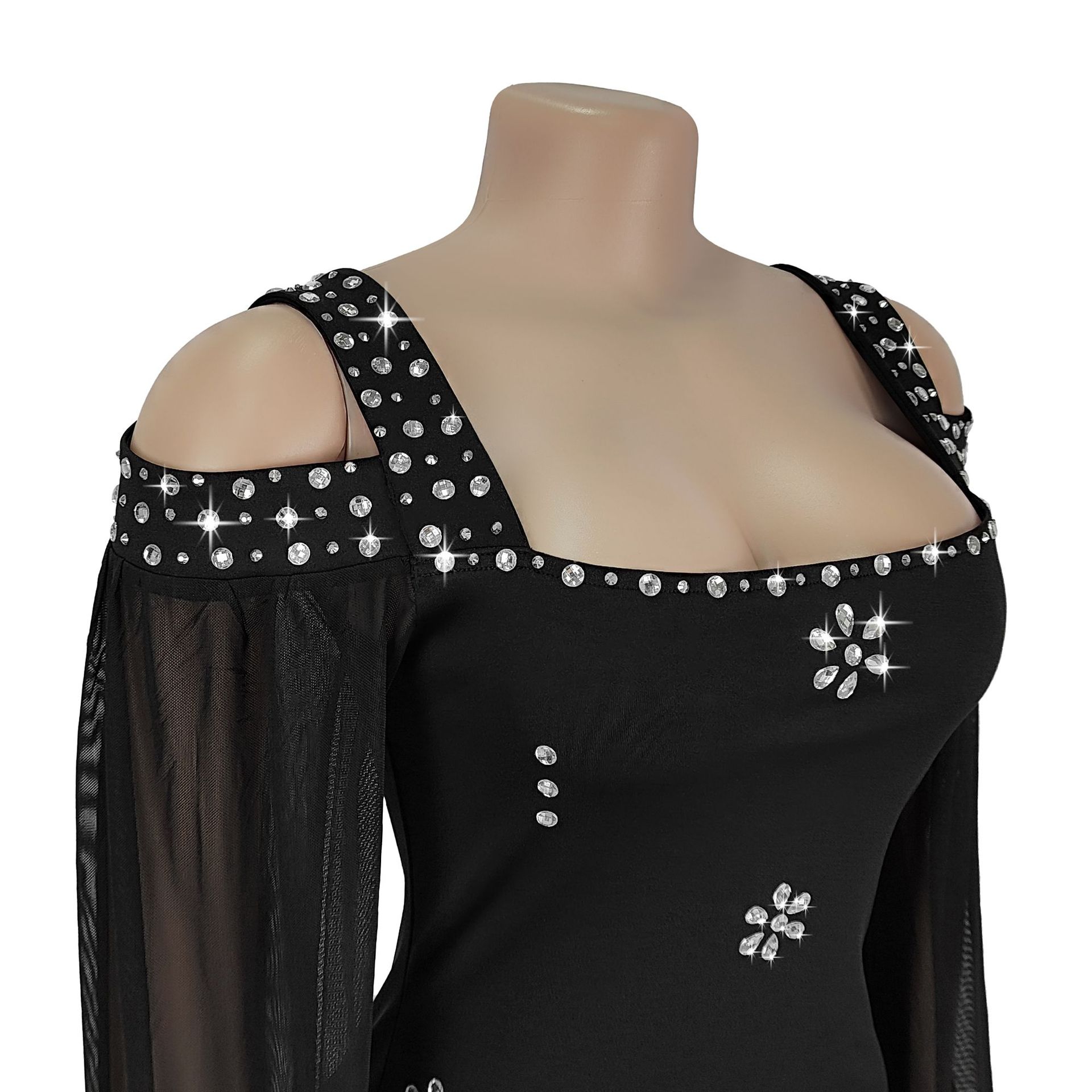 Fashion Women's Elegant Rhinestone Square Neck Mesh Slim Long Dress