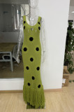 Summer Stylish Black Polka Dot Knit Fringe Maxi Dress