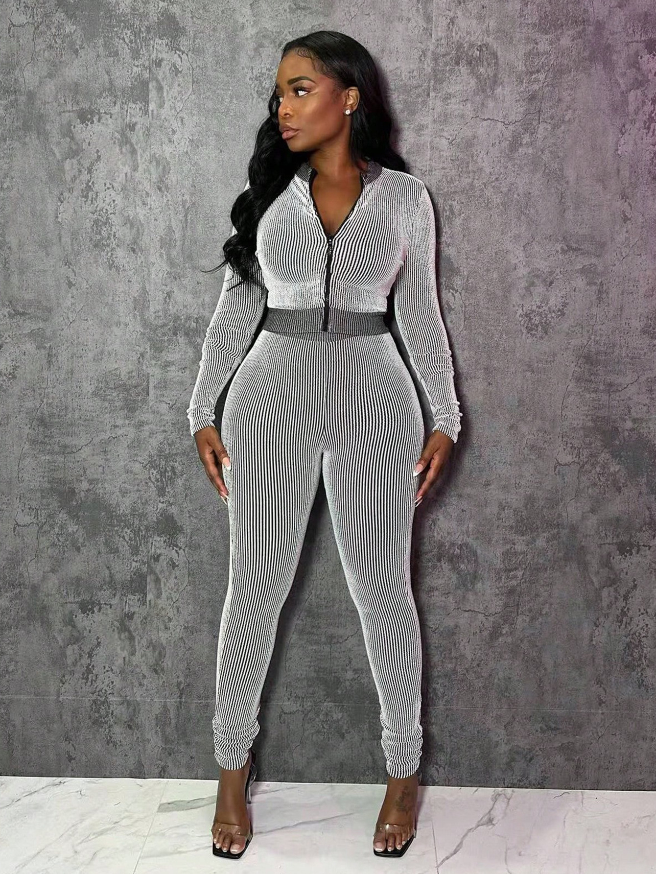 Fashion Casual Sportswear Set Women's Long-Sleeve Zip-Up Slim Fit Two-Piece Pants Set