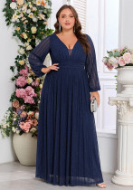 Plus Size Women's Long-Sleeve Glitter Ruched V-Neck A-Line Evening Gown