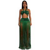 Women's Fashion Sexy Strap Top & Fringe Long Skirt Two-Piece Set