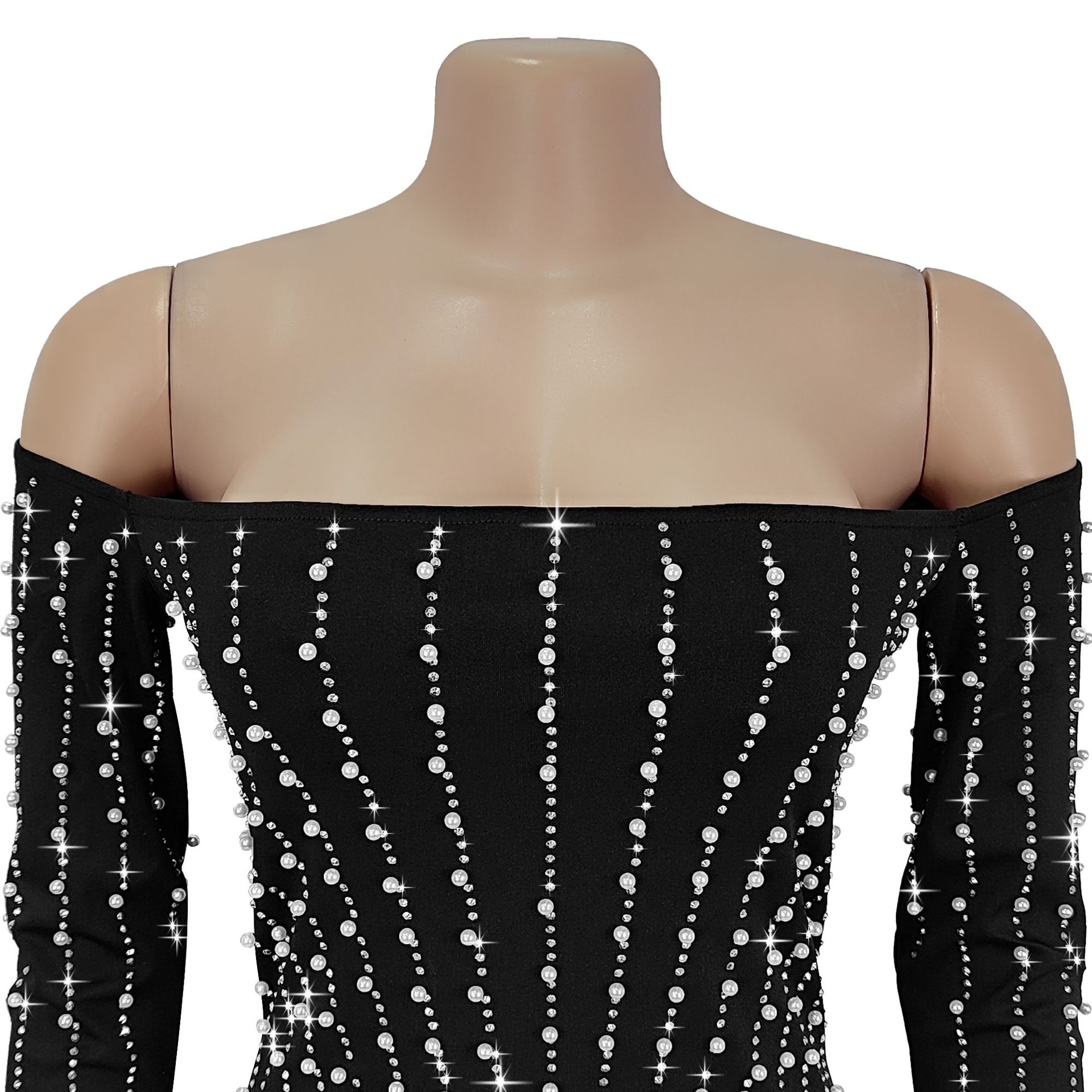 Fashion Women's Elegant Long-Sleeve Off Shoulder Rhinestone Bodycon Dress