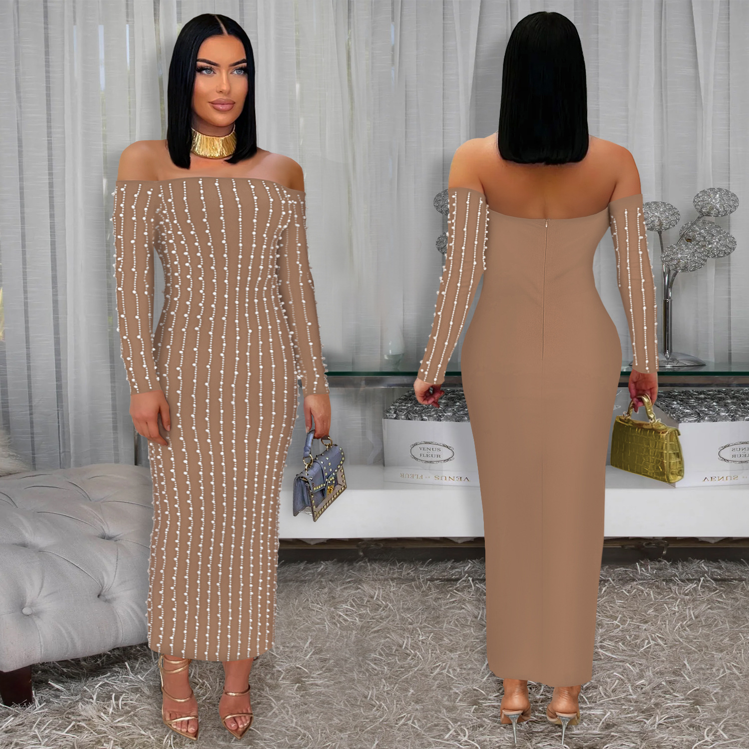 Fashion Women's Elegant Long-Sleeve Off Shoulder Rhinestone Bodycon Dress