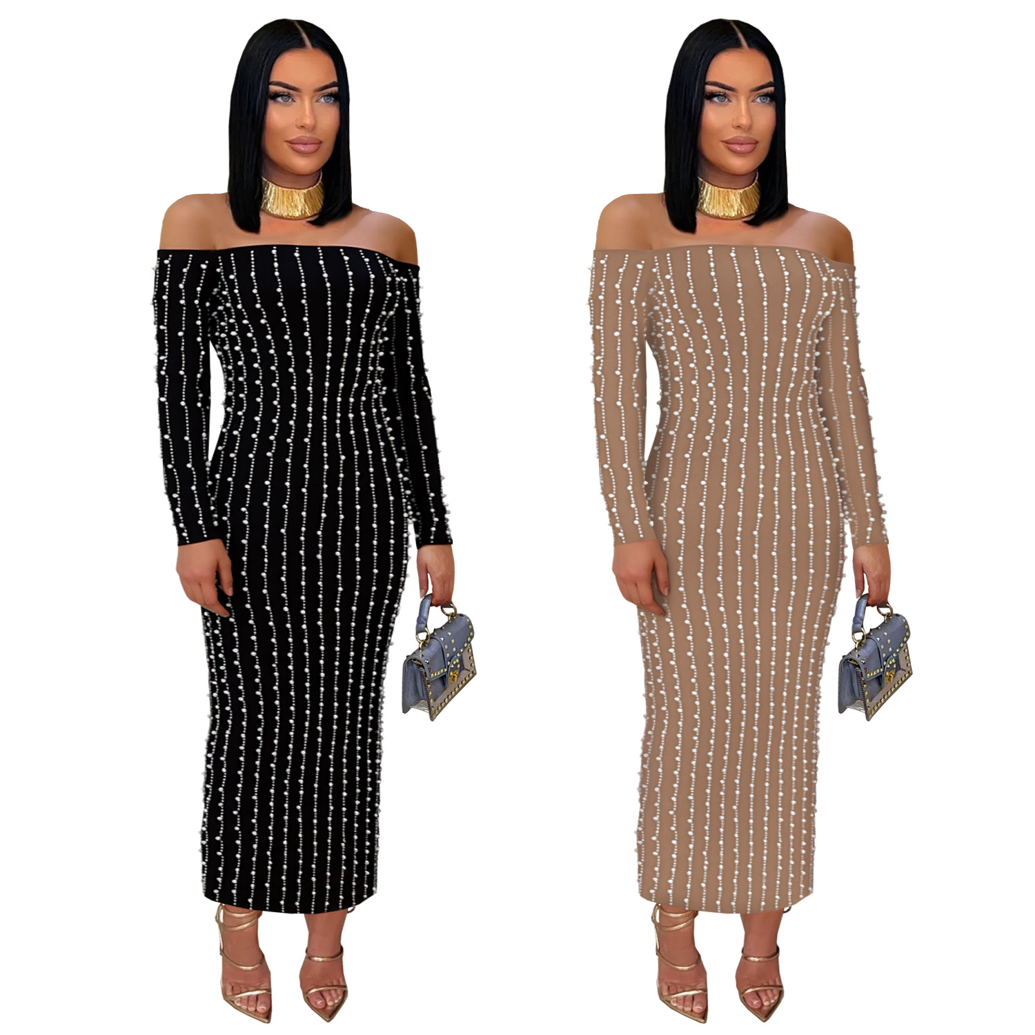 Fashion Women's Elegant Long-Sleeve Off Shoulder Rhinestone Bodycon Dress