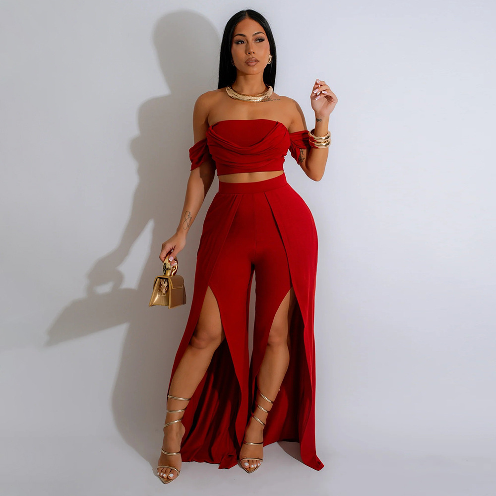 Women Strapless Top and Slit Wide Leg Pants Two-Piece Set