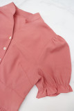 Women's Casual Short-Sleeve V-Neck Slim Waist Button A-Line Dress