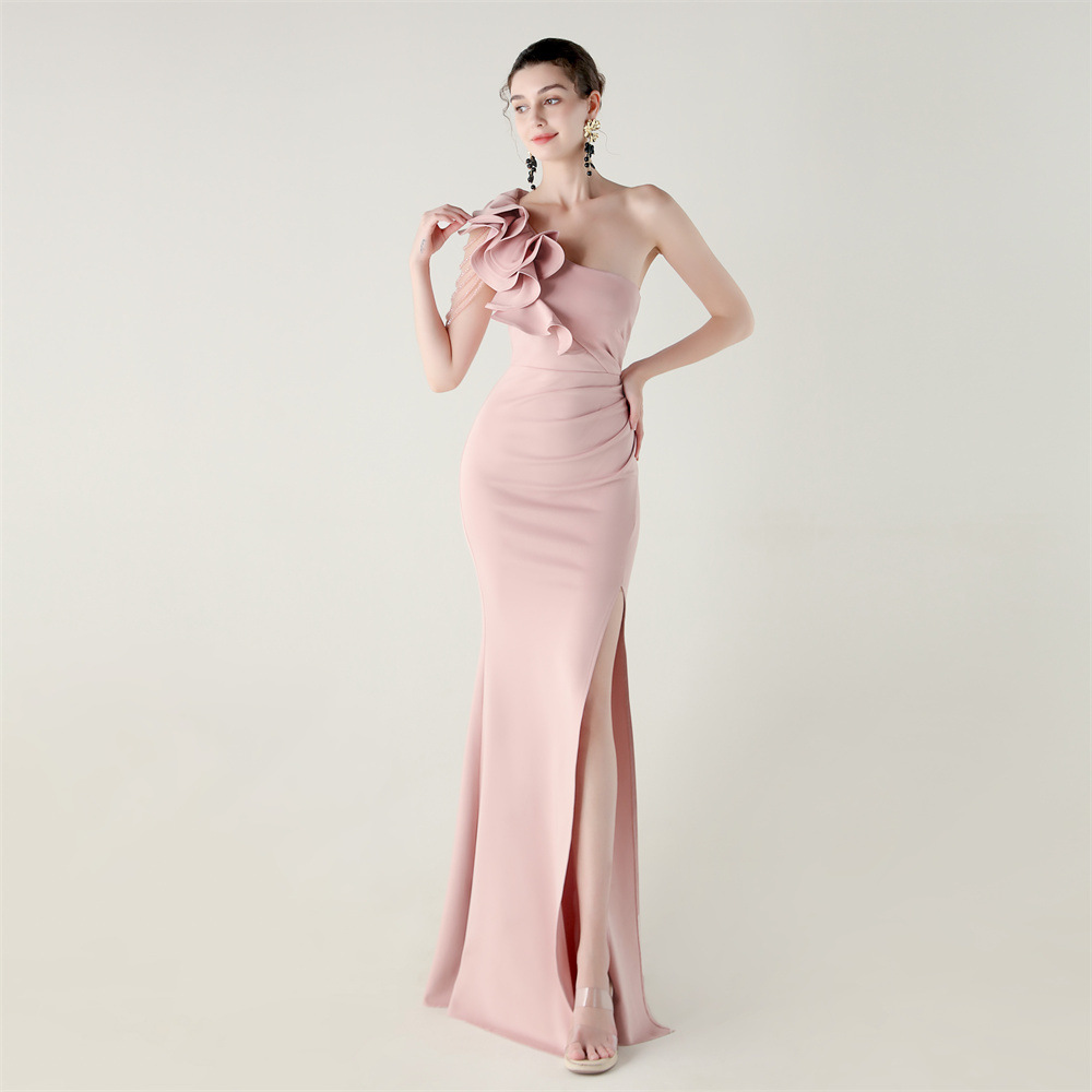 Women One-Shoulder Beaded Wool and Floral Satin Slit Sexy Evening Dress