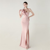 Women One-Shoulder Beaded Wool and Floral Satin Slit Sexy Evening Dress