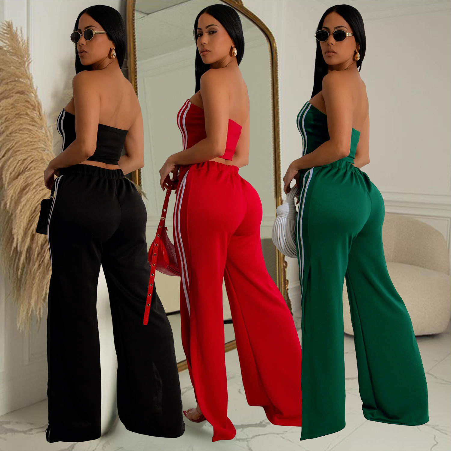 Women Summer Sexy Strapless Top and Two-Piece Pants Set