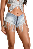 Women Sequined Tassel Stretch Ripped Denim Shorts