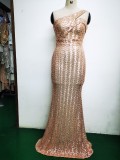 Spring Elegant Bling Bling Sequins One Shoulder Sleeveless Mermaid Formal Cocktail Evening Dress