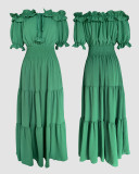 Women Off-Shoulder Ruffle Edge Stretchy Bell Bottom Maxi Dress
