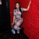 Women Sexy Backless Print See-Through Mesh Jumpsuit