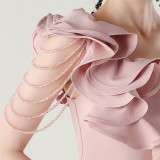 Women One-Shoulder Beaded Wool and Floral Satin Slit Sexy Evening Dress