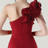 Women One-Shoulder Beaded Wool and Floral Satin Slit Sexy Evening Dress