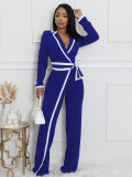 Women autumn and winter belt contrast color long-sleeved Jumpsuit