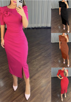 Women Puff Sleeve Floral Pleated Slit Dress