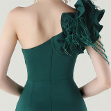 Women One-Shoulder Beaded Wool and Floral Satin Slit Sexy Evening Dress