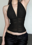 Women Summer Sexy V-Neck Halter Neck Mesh Pleated Suspender Top