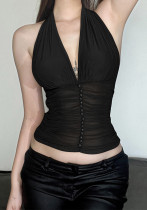 Women Summer Sexy V-Neck Halter Neck Mesh Pleated Suspender Top