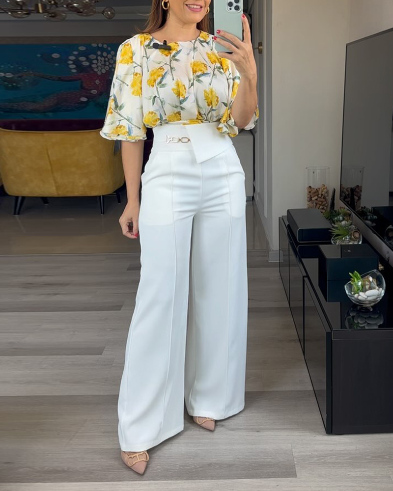 Women Yellow Floral Print Bell Bottom Sleeve Top and Pants Two-Piece Set