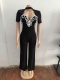 Women Elegant Patchwork Short-Sleeved Jumpsuit