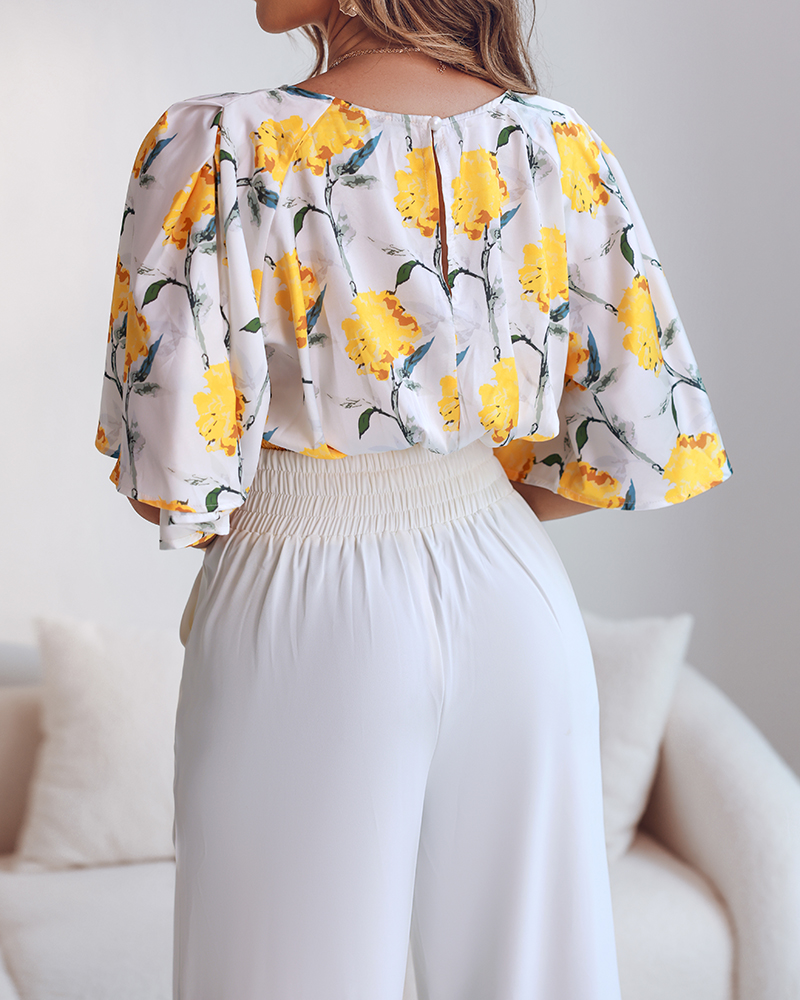 Women Yellow Floral Print Bell Bottom Sleeve Top and Pants Two-Piece Set