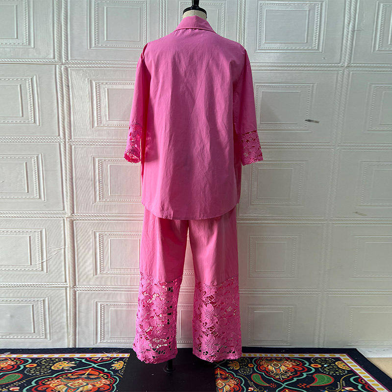 Women Spring Long-Sleeved Shirt and Patchwork Lace Pant Two-Piece Set