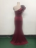 Women One-Shoulder Beaded Wool and Floral Satin Slit Sexy Evening Dress
