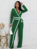 Women autumn and winter belt contrast color long-sleeved Jumpsuit