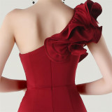 Women One-Shoulder Beaded Wool and Floral Satin Slit Sexy Evening Dress